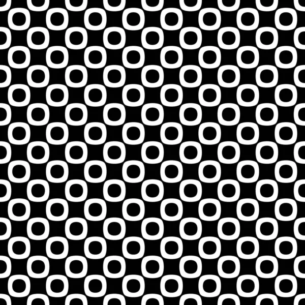 Seamless black and white pattern of rounded squares and dots.