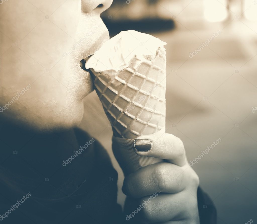 Half Face Of Asian Woman Eating Ice Cream Cone Stock Photo Image By C Benzoix