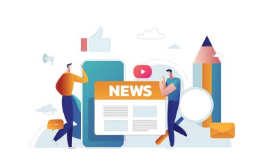 Elinde megafon olan ya da gazetede ürün tanıtan biri. Ticari, reklam, periyodik yayınlarda tanıtım, basılı medya, haber yayını kavramı. Düz vektör illüstrasyonu