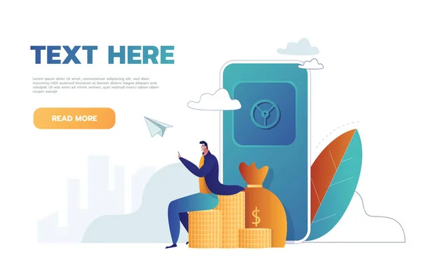Man with Safe and golden coins , bank safe, Vector illustration for web banner, infographics, mobile. — Vector de stock