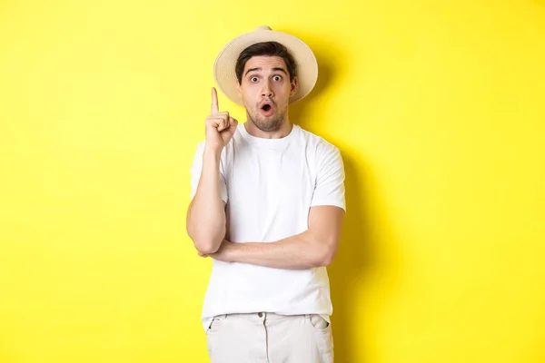 Retrato de un joven con sombrero de paja que tiene una idea, levantando el dedo signo eureka, haciendo sugerencia, de pie sobre el fondo amarillo — Foto de Stock