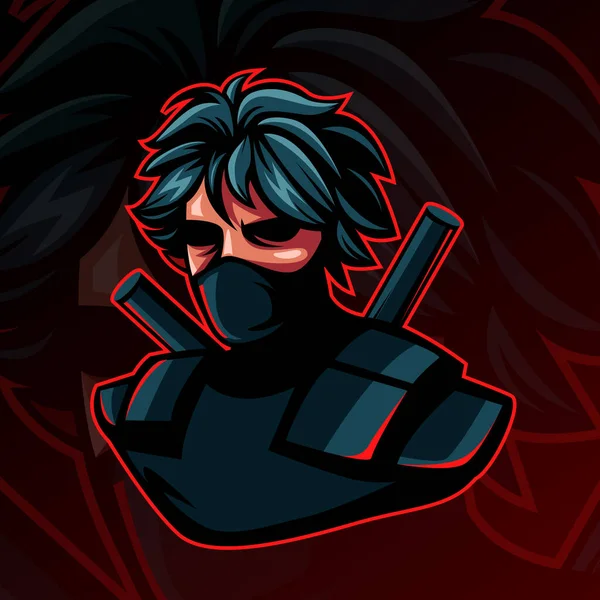 Personaje de la mascota del logotipo de Ninja o assasin en fondo oscuro para esport lcon. — Vector de stock