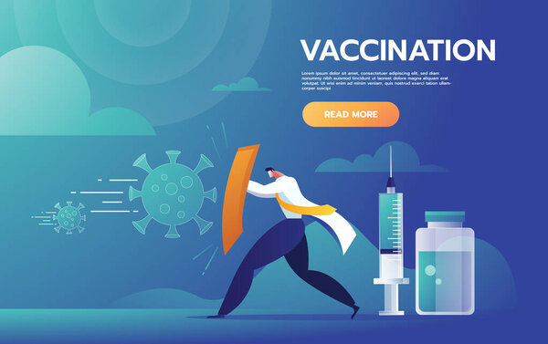 Fight Covid-19 concept illustration. Doctor rising the shield against the storm of viruses and ready to fight back with the vaccine. Vector template. — Stock Vector