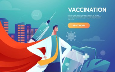 Korona virüsü belirtileriyle savaşan kahraman doktor liderleri. Doktor kahramanlar vektör çizimleri. Doktorlar COVID-19 ile mücadele ediyor. Anti virüs aşısı taşıyor..