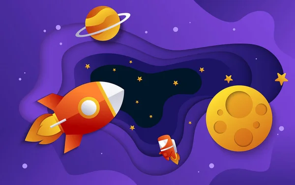 Ilustración vectorial de un fondo de galaxia brillante para niños con cohetes espaciales y planetas, estilo recortado con papel — Vector de stock