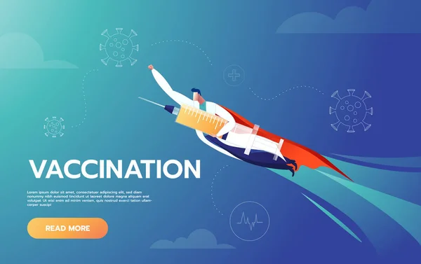 Doctor is Hero holding Vaccine and Flying to protect People by Fighting Against Covid-19 Corona Virus Prevent People from Getting Infected by Airborne Virus Represent By Cute Super Hero Character — Stockový vektor