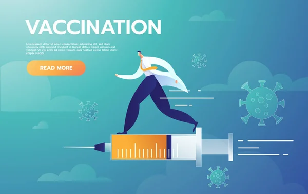 Мужчина-врач представляет лечение инъекций летающих со шприцем вакцины, вакцинированный векторный плоский стиль мультфильма — стоковый вектор