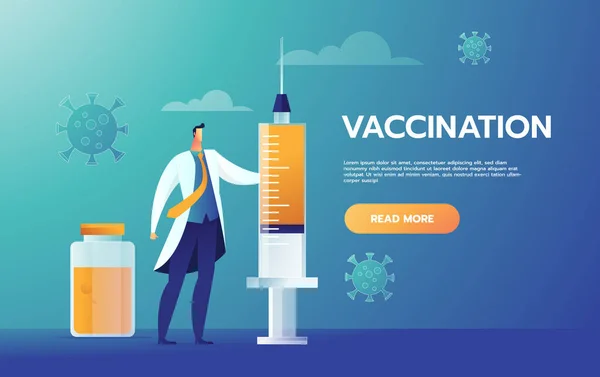 Щасливий лікар стоїть біля вакцини проти коронавірусу. Медичний персонал у білому пальто. Почати вакцинацію проти вірусної інфекції Covid-19. Концепція охорони здоров'я. Векторні ілюстрації — стоковий вектор