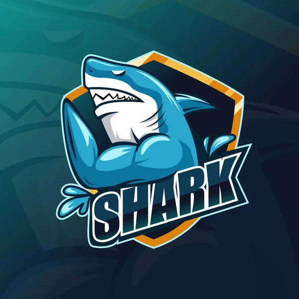 Pez tiburón esport juego mascota logotipo plantilla. Ilustración vectorial. — Vector de stock