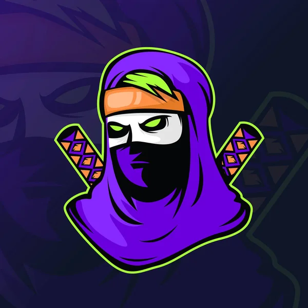 Assassin ou ninja avec deux épées pour Logo Esport Gaming. Illustration vectorielle. — Image vectorielle