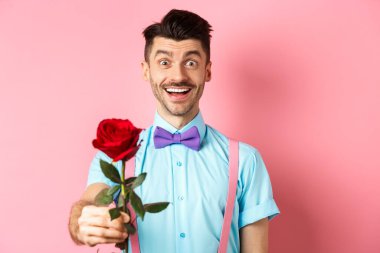 Sevgililer Günü ve romantizm konsepti. Romantik bir buluşmada sana kırmızı gül veren mutlu bir adam. Pembe arka planda duran papyonlu ve gömlekli.