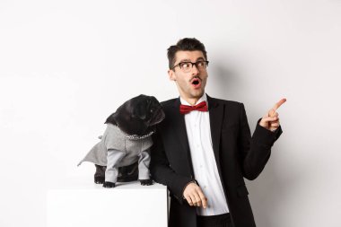 Hayvanlar, parti ve kutlama konsepti. Kostümlü genç bir adam ve siyah bir köpek fotokopi alanına bakıp beyaz arka planda duruyorlar.