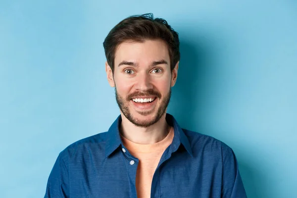 Närbild av förvånad snygg kille med skägg ser road, ler glad vid kameran, står på blå bakgrund — Stockfoto