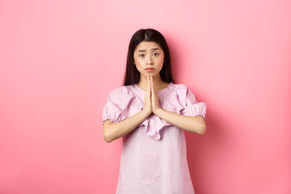 Σας παρακαλώ βοηθήστε με. Χαριτωμένη Ασιάτισσα που σε παρακαλάει, που προσεύχεται και ζητάει χάρη, χρειάζεται κάτι, στέκεται σε ροζ φόντο. — Φωτογραφία Αρχείου