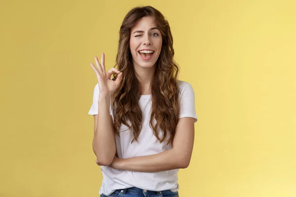 Count me in. Cheeky enthusiastic young female professional suggest not bother she got everything under control show okay ok approval gesture wink happily smiling nod positive judgement approval — Stock Photo, Image