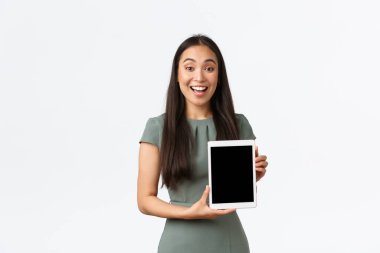 Hevesli mutlu Asyalı bayan girişimci yeni başvuru formunu sunar. İş kadını çevrimiçi dükkanını gösteriyor. Küçük işletme sahibi dijital tablet ekranı gösterdi ve gülümsedi.