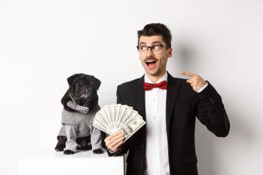 Takım elbiseli mutlu genç adam köpeğiyle para kazanıyor. Adam seviniyor, elinde dolarlarla solu işaret ediyor. Siyah pug kostümlü, beyaz arka planda kameraya bakıyor.