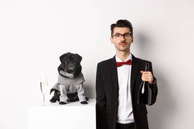 Yakışıklı genç adam ve yavrusu yeni yılı kutluyorlar. Siyah köpek ve köpek sahibi takım elbiseli, şampanya taşıyan adam, beyaz arka plan.