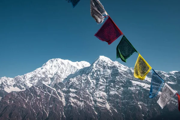 Annapurna Sul Budistas Bandeiras Vento Vista Manhã Cedo Sobre Annapurna — Fotografia de Stock