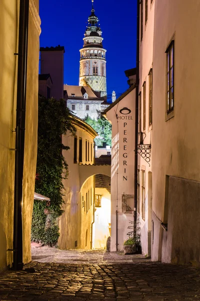 Een kasteel in cesky krumlov bekijken tijdens de nacht. — Stockfoto