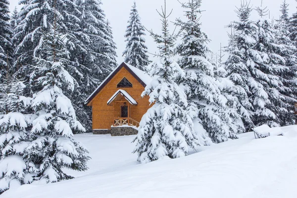 Oude boerderij in de Karpaten. Zonnige winterochtend. — Stockfoto