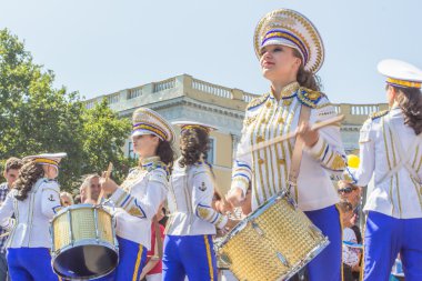 Independence Day Celebration on the Potemkin stairs, the largest flag of Ukraine, show drummers. clipart