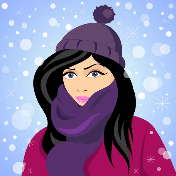 Flicka av vintern. Porträtt av ung flicka i en vintermössa och en halsduk — Stock vektor