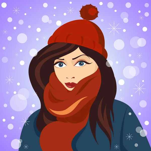 Ragazza d'inverno. Ritratto di ragazza con cappello invernale e sciarpa Vettoriale Stock