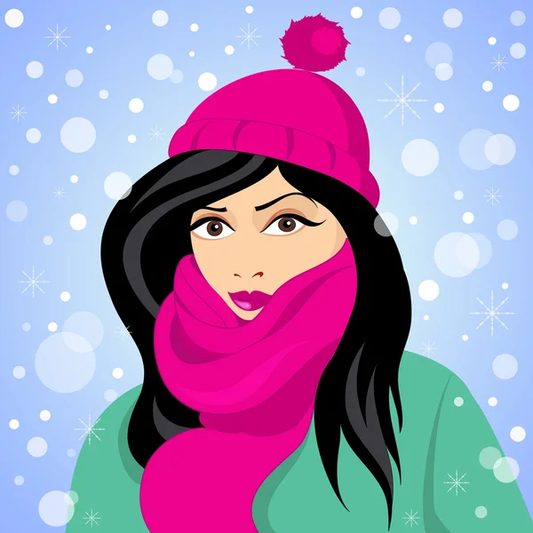 Ragazza d'inverno.Ritratto di giovane ragazza con berretto invernale e sciarpa Grafiche Vettoriali