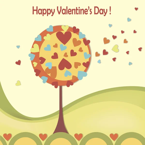 Happy valentines kartu hari dengan pohon cinta - Stok Vektor