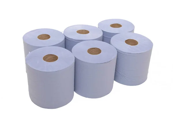 Opakowanie Zbiorcze Sześciu Przemysłowych Niebieskich Ręczników Papierowych Czystym Białym Tle — Zdjęcie stockowe
