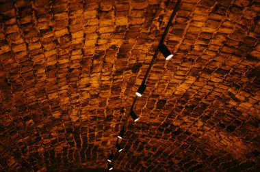 Doğrusal spot ışıkları olan yüksek tuğlalı tavan, kehribar ışığı ile vurgulanan çarpıcı eğrilik, galeri ışıklandırması