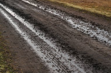 Detaylı Çamurlu İzler ve Sıkıştırılmış Toprak Lastik İzleri ve Parlak Su Yansıması, Kapat