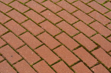 Mossfilled eklemli kırmızı tuğla konutu, çapraz Herringbone yerleşimi, yıpranmış Granüler yüzey,