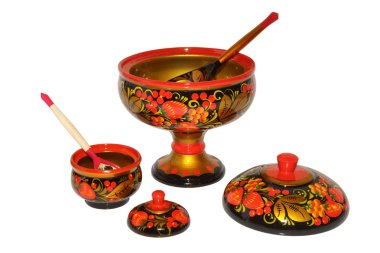 parlak hohloma boyalı ahşap mutfak eşyaları