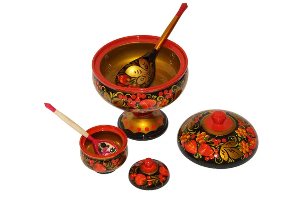 parlak hohloma boyalı ahşap mutfak eşyaları