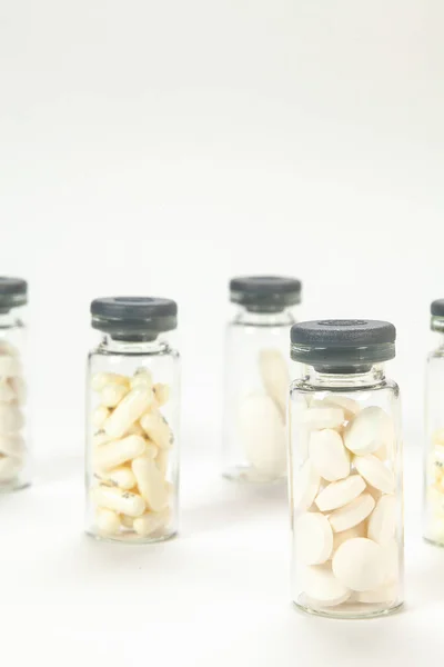 Set Pillole Barattolo Cristallo Vaccini Qualsiasi Altro Supporto Medico — Foto Stock
