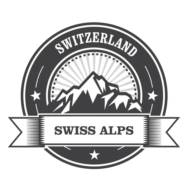 Sello de las montañas de los Alpes - Etiqueta Suiza con cinta — Vector de stock