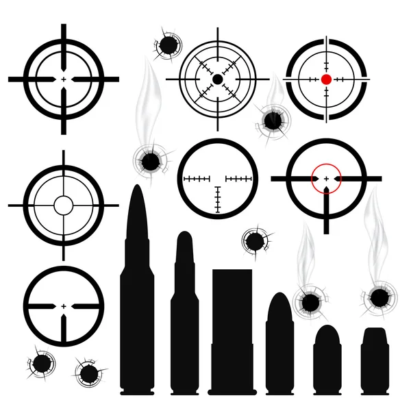 Crosshairs (mira de armas), cartuchos de bala e buracos de bala — Vetor de Stock