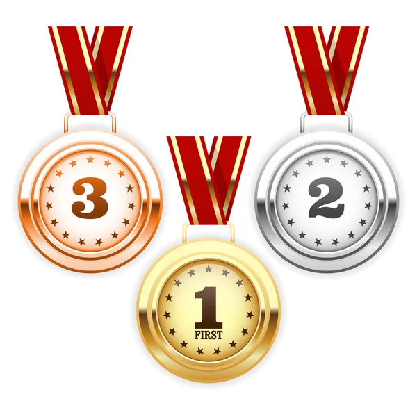 Ganador medallas de plata, bronce y oro en cinta — Vector de stock