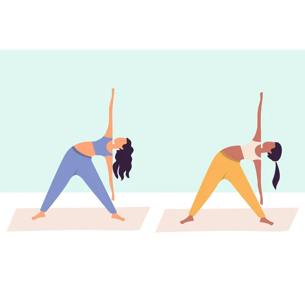 Two Women Practicing Yoga Together Group Women Performing Gymnastic Exercise — Stock Vector