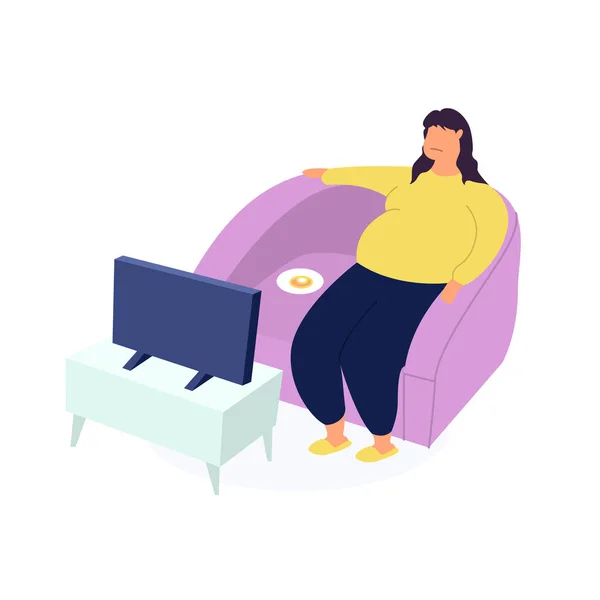 Obese Young Woman Fat Girl Sitting Couch Watching Food Addiction — Stock Photo, Image