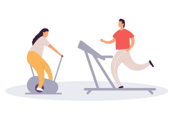 Fat Man Running Treadmill Fat Woman Exercise Bicycle Cartoon Character — Stock Photo, Image