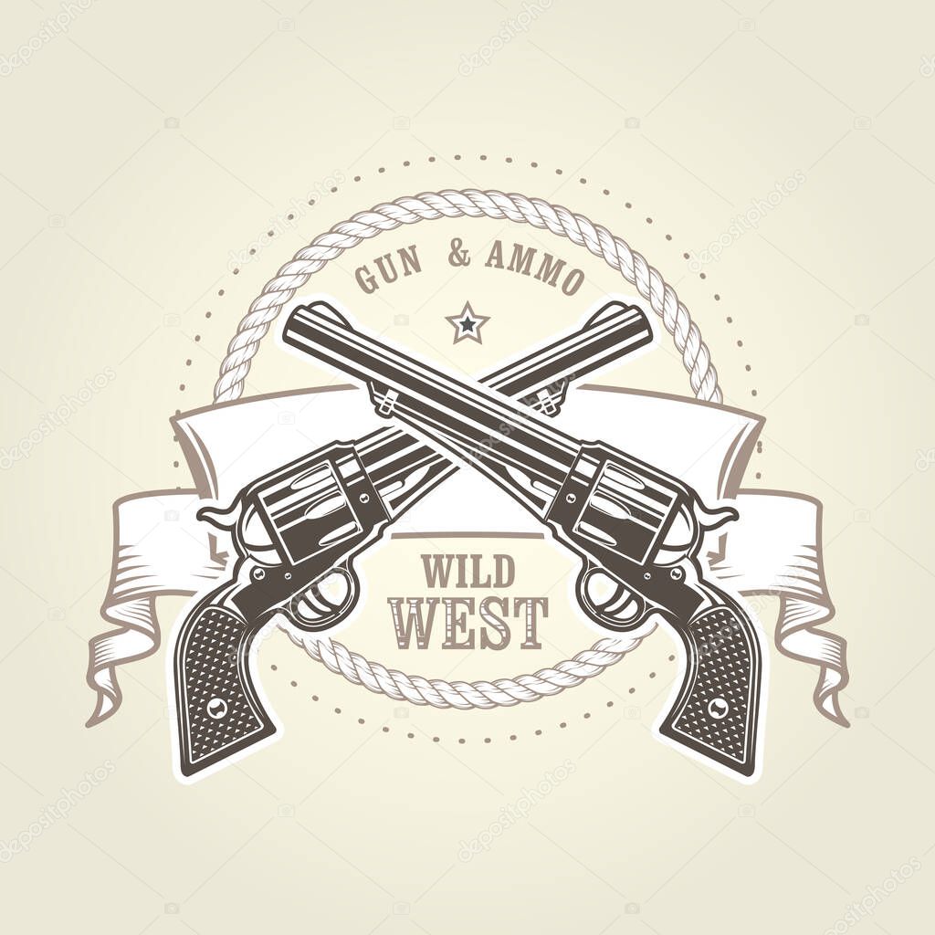 Emblem with cowboy revolver, two crossed vintage six shooter, wild west symbol with pistols, handgun vector illustration