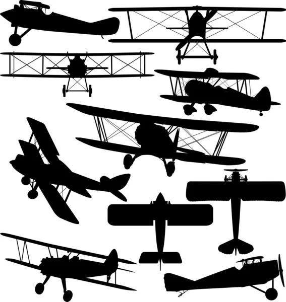 Silhouettes van oude vliegtuig - contouren van dubbeldekkers — Stockvector