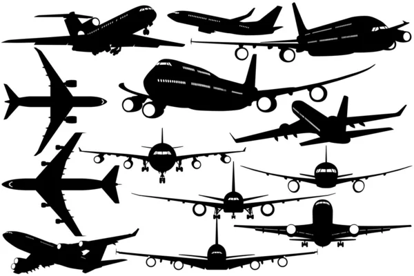 Siluetas del avión de pasajeros - contornos de los aviones — Vector de stock