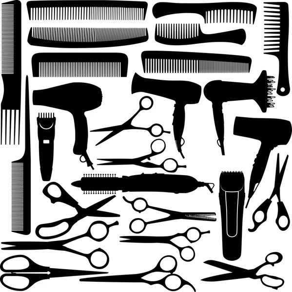Barbeiro (cabeleireiro) equipamento de salão - secador de cabelo, tesoura e — Vetor de Stock