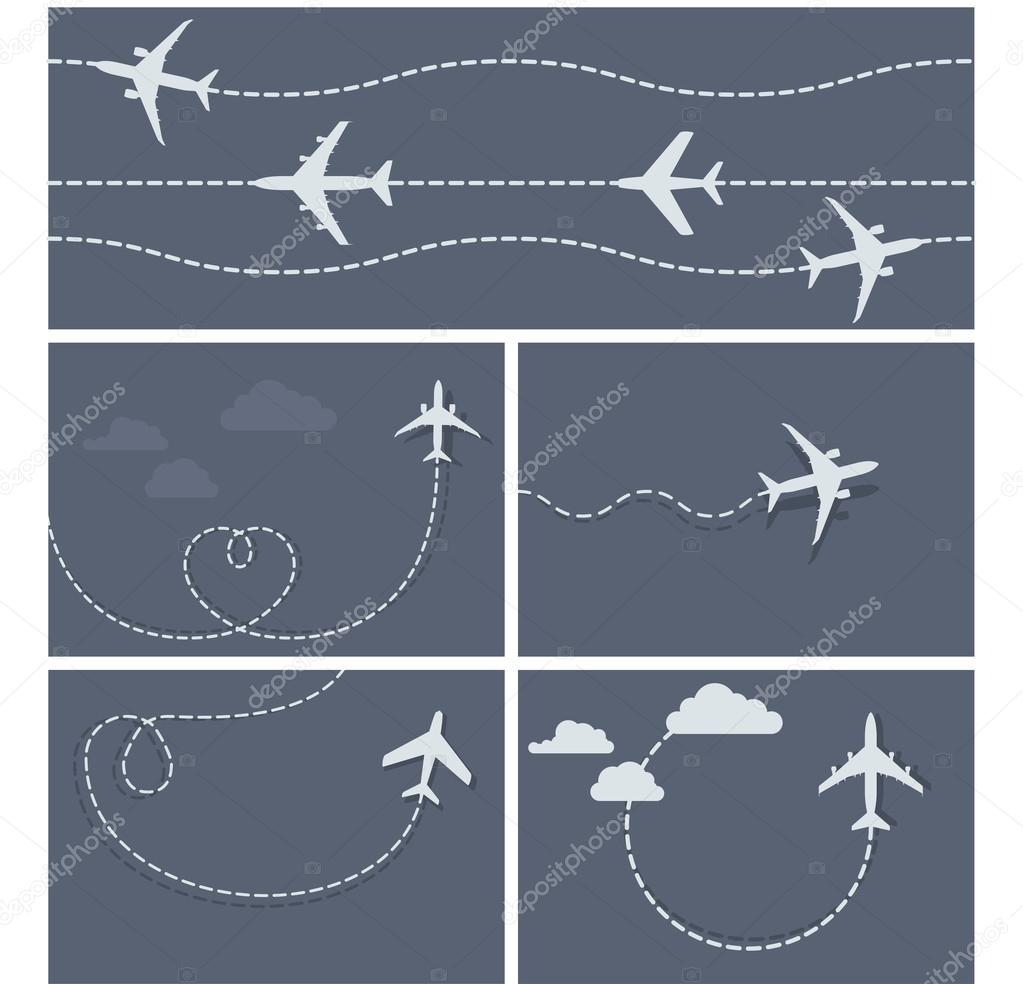 Plane flight - dotted trace of the airplane, heart-shaped and lo