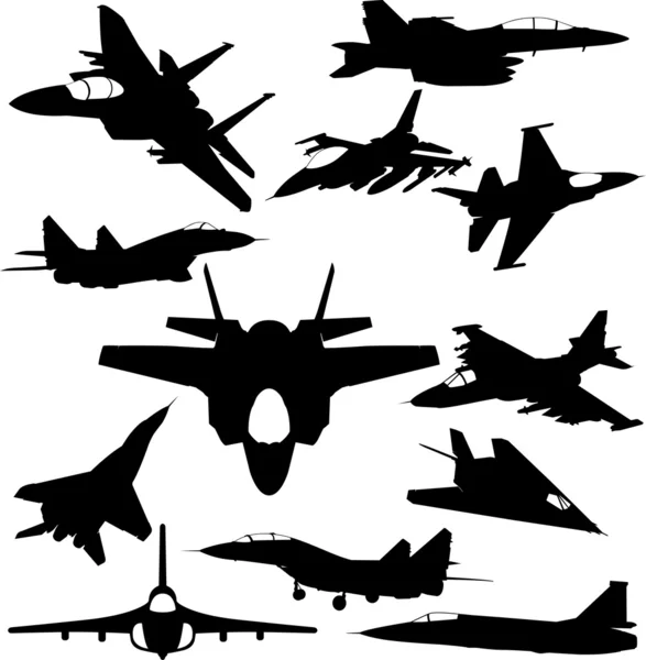 Silhouette jet-fighter militari — Vettoriale Stock