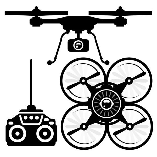 Quadcopter 和远程控制 (操纵杆的剪影) — 图库矢量图片
